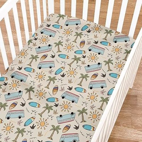 Vintage Surf Fitted Baby Crib Sheets Boy Girl 52"x28" Retro Surfboard Sun Palm Trees Bus Soft Crib Mattress Covers Hawaiian Tropical Beach Surfing Baby Sheets for Standard Crib & Toddler Bed Mattress