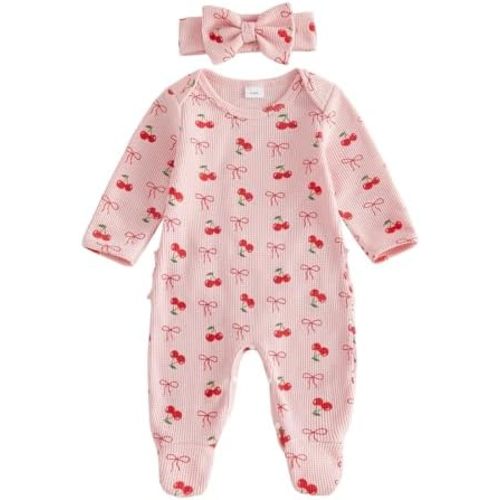 Newborn Girl Footed Romper Fall Winter Long Sleeve Outfit Waffle Knit Jumpsuit Baby Coming Home Clothes