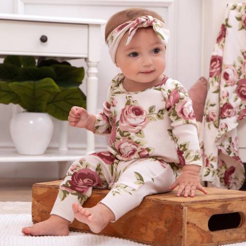 Baby Girl Romper - Cabbage Rose Mauve & Beige - Cotton Rib - Newborn Coming Home Outfit - Adorable Baby Shower Gift - Tesa Babe