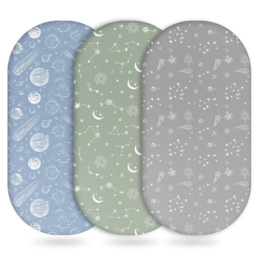 Baby Bassinet Sheets Girl Boy, Fitted Bassinet Sheet Set 3 Pack Bassinet Mattress Sheets Universal Fit for Rectangle, Round, Oval, Hourglass Mattress, Soft Breathable Green Gray Constellation
