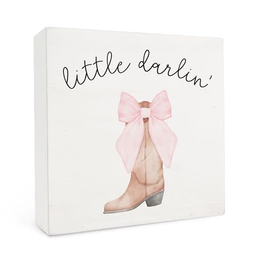 FHUGX Coquette Preppy Pink Western Cowgirl Boots Wooden Box Sign, Little Darlin Bow Boots Box Sign, Preppy Western Girl Dorm Room Desk Shelf Tabletop Decor, Cowgirls Room Decor, 5x5 Inch