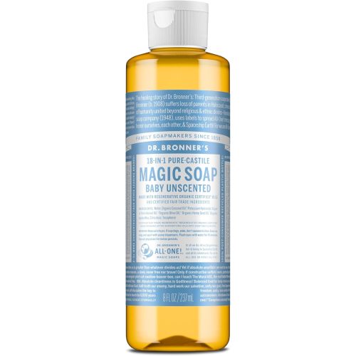 Dr. Bronner's Magic Soap Pure-Castile Liquid Soap (Baby Unscented, 8 Ounce)- Regenerative Organic Certified Oils, For Face, Hair, Laundry, Dishes, For Sensitive Skin, Babies, No Added Fragrance, Vegan