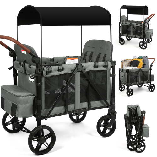 Vomeast 3-in-1 Wagon Stroller for 4 Kids, Grey, Canopy, 5-Point Harness, Adjustable Handle