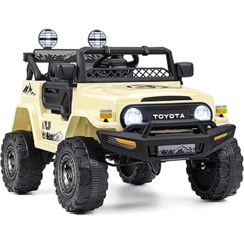 12V Ride on Truck Car Licensed Toyota FJ40 with Parent Remote Electric Vehicles Cars for Kids, 3 Speeds, 6 LED Lights, MP3 Music, Foot Pedal, 4-Wheeler Spring Suspension (Khaki)