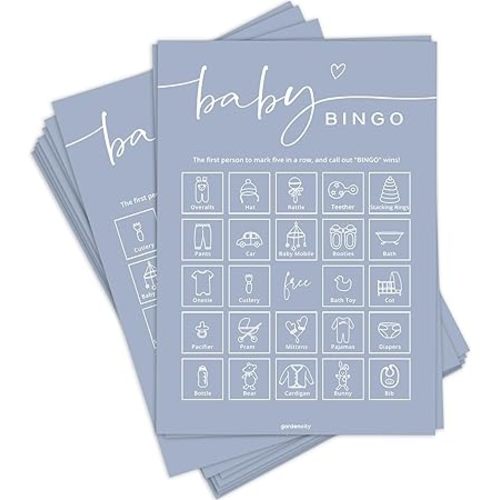 GardenCity Baby Shower Bingo Game for Boy or Girl, Pre-Filled Fun Baby Shower Activity, 50 Cards, Blue