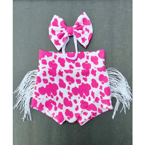 Pink Cow Fringe Bummies and Bow/Fringe Bummies/Rodeo Girl Outfit/Baby/Baby Girl Shorts Set/Cowgirl Bummies/Western Bummies/Baby Cow Outfit