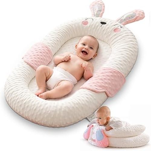 Infant Support Pillow with Adjustable Side Panels - Portable Cushion with Milestone Circles for 0-12 Months - Pink (Pink)