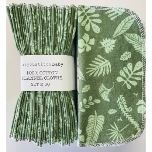 Handmade. Organic Cloth Baby Wipes . 8x8 cotton flannel. Eco friendly reusable washable cloth wipes and/or napkins. Green Leaves