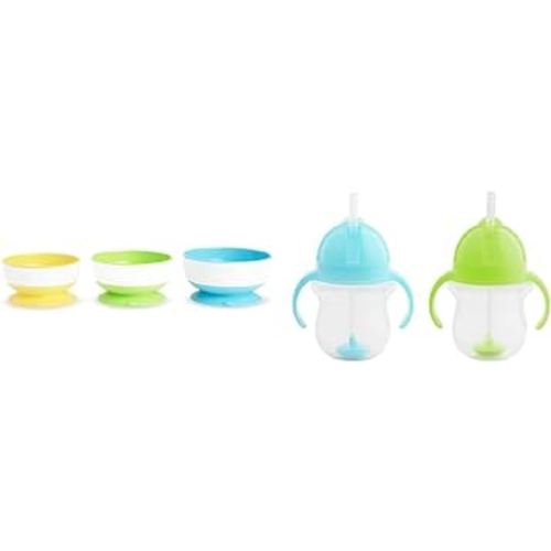 Munchkin® Stay Put™ Suction Bowls for Babies and Toddlers, 3 Pack, Blue/Green/Yellow & Any Angle™ Weighted Straw Trainer Cup with Click Lock™ Lid, 7 Ounce, 2 Count (Pack of 1), Blue/Green