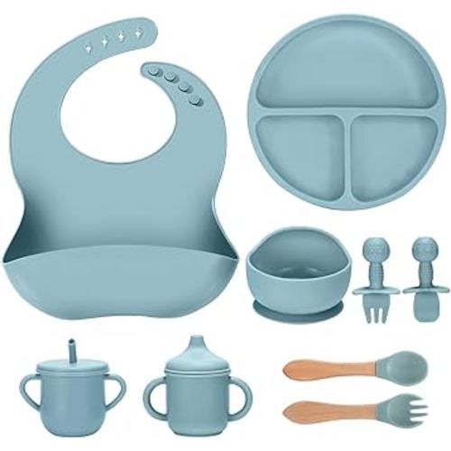Silicone Baby Feeding Set 9 Pcs, Spill-Proof Suction Plate, Bowl, Bib, Silicone spoon&forks, Wooden Spoons&forks, Training cup with straw and Sippy Cup, Baby Eating Utensils (Blue)