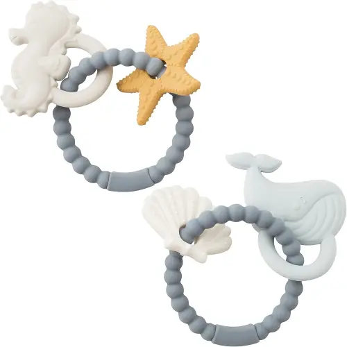 Silicone Teether Toys for Babies - 2ooya 2Pcs Summer Ocean Beach Themed Teething Ring Infant Soft Teethers, Toddler Teething Chew Toys for Newborn Boy and Girl Baby Shower Birthday Gifts