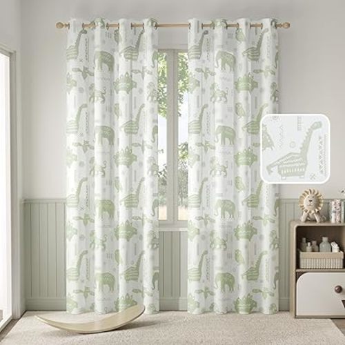 jinchan Kids Curtains 84 Inches Long Nursery Curtains for Girls Bedroom, Green Safari Animals Curtains, Dinosaur Curtains for Boys Room Light Filtering Window Curtains Grommet Top Set 2 Panels