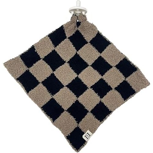 Checkered Baby Lovey Pacifier Holder 10"x10" - Cuddly Soft Knitted Reversible Mini Comfort Security Blanket - Newborn Gift Essential for Babies Boys and Girls (Black/Brown)