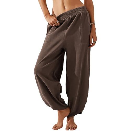 Himosyber Women Cotton Pants Wide Leg Pants Casual Loose Baggy Elastic Waist Beach Palazzo Harem Pants