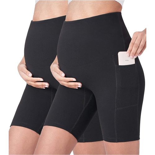 POSHDIVAH Women's Maternity Yoga Shorts Over The Belly Bump Summer Workout Running Active Short Pants with Pockets 5"/8" - X-Large - 2pcs Black 8"