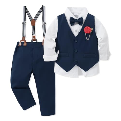 WESIDOM Toddler Boy Clothes Suit Formal Dress Shirt+Bowtie+Vest+Boutonniere+Suspender Pants Boys Gentleman Outfits Set