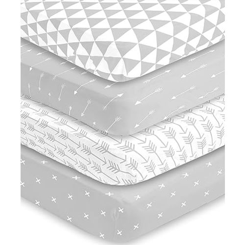 BaeBae Goods Crib Sheets for Baby Boys and Girls, 4 Pack, Soft and Breathable Jersey Knit Fitted Sheet Set, Cute Gender Neutral Nursery Mattress Bedding, Universal Fit (Grey Triangles)
