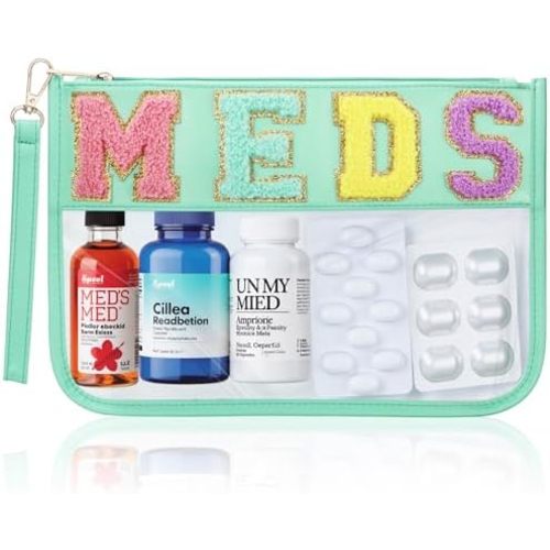 Chenille Letter Clear Medicine Bags, Makeup Meds Bags, Preppy Patch Cosmetic Bag with Zipper and Wristlet, Waterproof PU&PVC Toiletry Medicine Storage Case, Portable Travel Drugs Pills Pouch