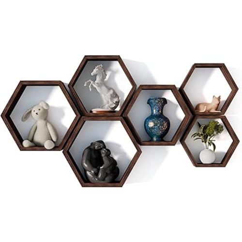 Hexagon Floating Shelves Set of 6 Honeycomb Shelves for Wall, Wooden Hexagon Shelves for Farmhouse Storage, Sturdy Elegant & Geometric octagon shelf for office, Kids, DIY & Hallway Wall Decor