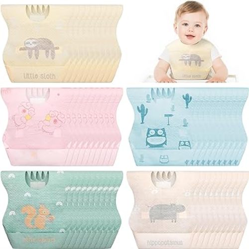 Shinymoon 100 Pcs Disposable Baby Bibs Individual Wrapped Travel Bibs Waterproof Food Catcher for Toddlers Girls Boys Feeding