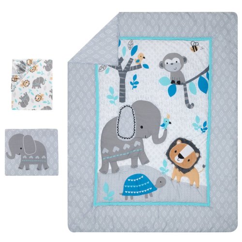 Bedtime Originals Jungle Fun Gray/Blue/White Elephant, Lion and Monkey 3-Piece Baby Nursery Crib Bedding Set & Reviews | Wayfair