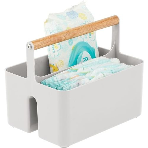mDesign Plastic Portable Nursery Organizer Caddy Tote with Bamboo Handle - Hold Bottles, Spoons, Bibs, Pacifiers, Diapers, Wipes, Baby Lotion - Aura Collection - Stone Gray/Natural - Light Gray/Natural