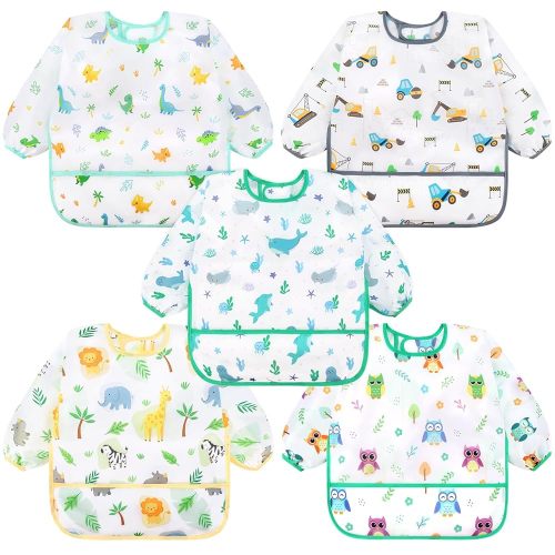 Accmor 5 Pack Long Sleeve Bibs, Baby Smock Waterproof Sleeved Bib Smock for Baby Toddler 6-36 Months