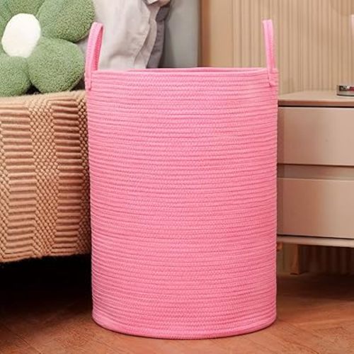 85L Oversize Woven Laundry Basket with Handles,Collapsible Cotton Rope Laundry Hamper,Wicker Clothes Hamper Laundry Bin Storage Basket for Blanket Pink