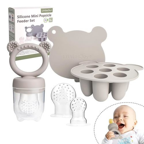 Silicone Baby Fruit Feeder & Freezer Tray Set, Silicone Baby Fruit Food Feeder for Safe Infant Self Feeding, BPA Free Teething Relief for 3 Month+, Additional Silicone Pouches (Light Grey)