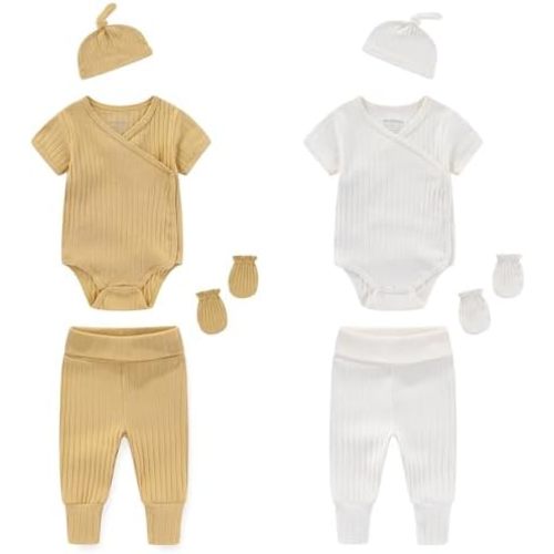 Newborn Infant Baby Boy Girl 100% Cotton Bodysuits Short Sleeve, Pants,Caps and Scratch Mittens Solid Color