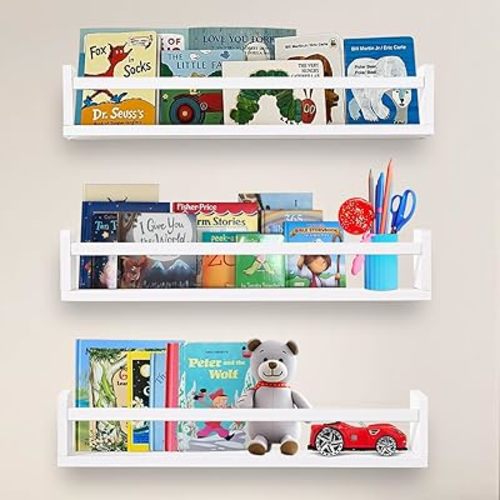 AZSKY Nursery Bookshelves 24 Inch Floating Bookshelves Wall Mounted White Solid Wood Set of 3