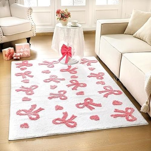 3D Large Bow Area Rug 4 x 6 ft Pink Heart Bedroom Rug Non-Slip Coquette Carpet for Bedroom Girls Washable Welcome Mat Soft Indoor Decor for Women Girls Aesthetic Living Room Office Home Decor