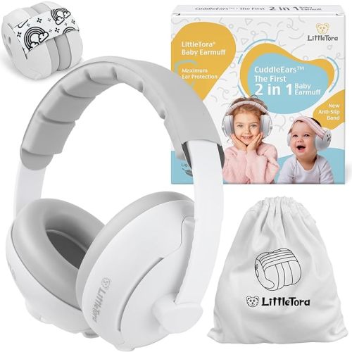 'CuddleEars' 2 in 1 Baby Ear Muff - Noise Canceling Infant Toddler Headphone Hearing Protection Earmuff for Plane - White