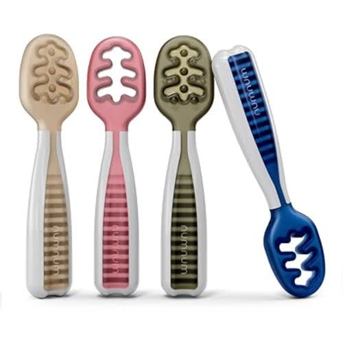 NumNum Baby Spoons Set, Baby Essentials Pre-Spoon GOOtensils for 6+ Months, First Stage Self-Feeding Spoons for Baby Led Weaning (BLW), Silicone Toddler Utensils, BPA-Free, 4 Pack Neutrals