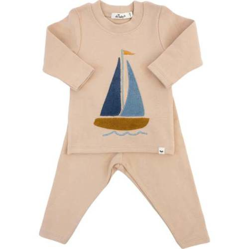 Denim Sailboat Terry Applique Two Piece Set, Almond - oh baby! Mixed Apparel Set | Maisonette