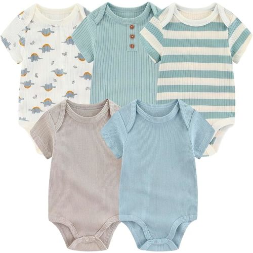 Newborn Baby Short Sleeve Bodysuit Cotton One-Piece Baby Clothes 5-Pack, 0-12 Months