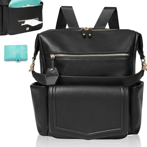 MOMINSIDE Diaper Bag Backpack with 14 Pockets, Leather Baby Bag, Convertible Boho Backpack, 6 Bottle Pockets, Wipes Pouch