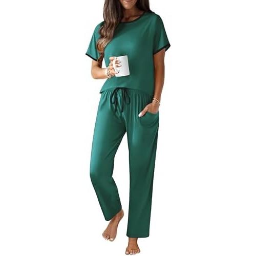 Ekouaer 100% Cotton Pajama for Women Short Sleeve Pj Top With Long Pants 2 Piece Lounge Set with Pocket