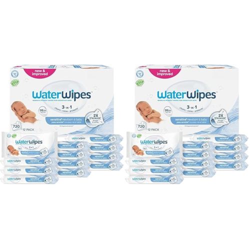 Pack of 24 - WaterWipes Sensitive+ Newborn & Baby Wipes, 3-In-1 Cleans, Cares, Protects, 99.9% Water, Unscented & Hypoallergenic, 1440 Count