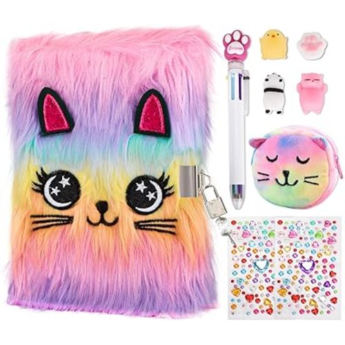 HOMICOZY Cat Diary with Lock and Keys for Girls,Plush Secret Journal for Kids with 160 Lined Pages,Hardcover Fluffy Locking Notebook for Writing and Drawing,Cute Fuzzy Stationary Gifts for Girls Ages