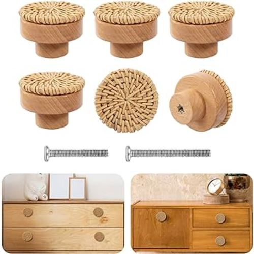 ANPHSIN Boho Rattan Dresser Knobs- Durable Beech Wood Drawer Knobs, Decorative Handmade Wicker Woven Pulls with 12 Screws for Cabinets, Furniture (6 Pack)