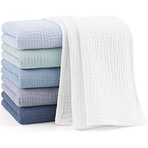 Bearmoss 6 Pack Muslin Burp Cloths for Baby, 100% Cotton Soft Large Burping Cloths for Unisex, Boy, Girl, 23.6" X 23.6" Newborn Essentials Absorbent Milk Spit Up Rags (Blue)