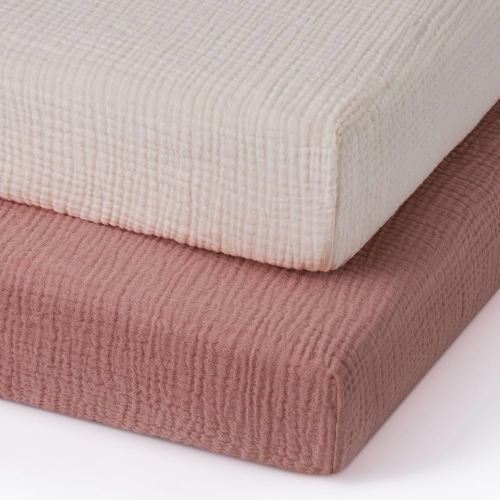 Blissful Diary Muslin Mini Crib Sheets, Pack and Play Mattress Sheets Fitted for Pack N Play, Soft Cotton for Boys Girls, 2 Pack(Dusty Pink&Cream)