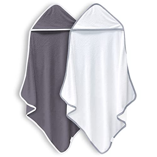 BAMBOO QUEEN 2 Pack Baby Bath Towel - Rayon Made from Bamboo, Ultra Soft Hooded Towels for Babies,Toddler,Infant - Newborn Essential -Perfect Baby Registry Gifts (White and Dark Grey, 30x30 Inch)