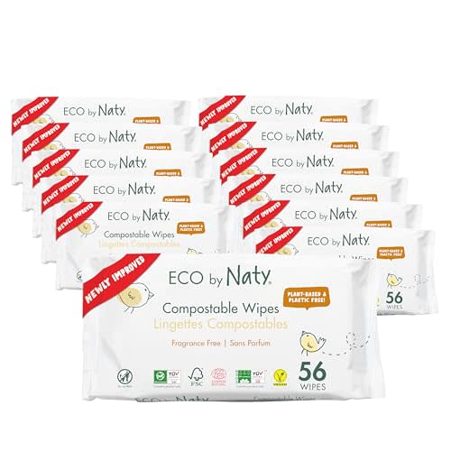 Eco by Naty Baby Wipes Unscented - 100% Compostable and Plant-Based Wipes, Good for Babies and Newborn Sensitive Skin (672 Count - 12 packs of 56)