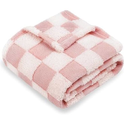 HOMRITAR Baby Blanket for Girls 3D Checkered Fleece Fluffy Fuzzy Checkerboard Grid Warmer Shaggy Soft Cozy Fuzzy Bed Blanket for Toddler, Newborn or Infant Pink 30 x 40 Inch