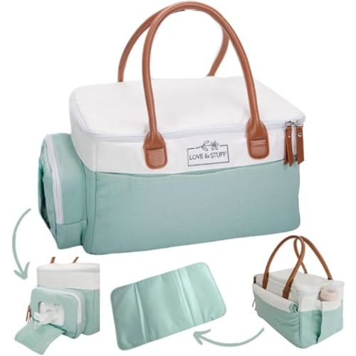 Baby Diaper Caddy Organizer - Stylish Waterproof Large Diaper Caddy with Lid - Durable Sage & White Baby Diaper Organizer Caddy - Spacious & Customizable Portable Diaper Caddy with Changing Mat
