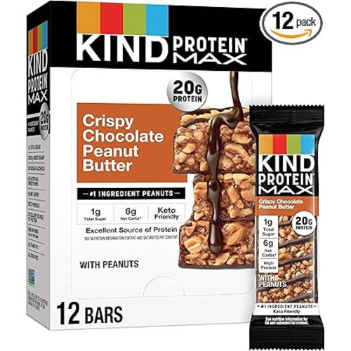 KIND Protein MAX Crispy Chocolate Peanut Butter Snack Bars, 20g of Protein, Keto Friendly, 1g of Sugar Per Bar, Gluten Free, 12 Count Box