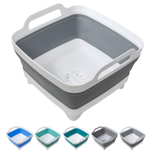 Dishpan for Washing Dishes, 2.4Gal/9L Wash Basin with Draining Plug Carry Handles, Collapsible Bucket for Cleaning, Portable Sink, Foldable Plastic Tub