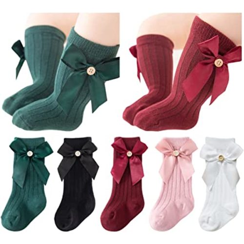 QandSweet Baby Newborn Knee High Socks Seamless Toddler Girls' Big Bow Button Cotton Stockings